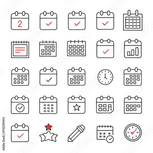 Vector outline icon set for business planning, appointment scheduling, and financial deadlines. Includes calendar, clock, and event date symbols for fintech apps
