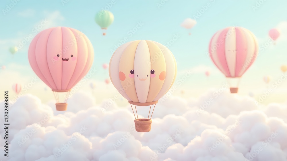 Fototapeta premium Pastel Balloons Floating in a Dreamy Sky with Clouds, Cute Air Balloons