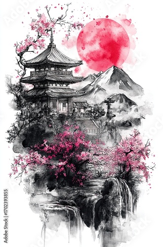 Japanese landscape tattoo design, temple in the mountains 