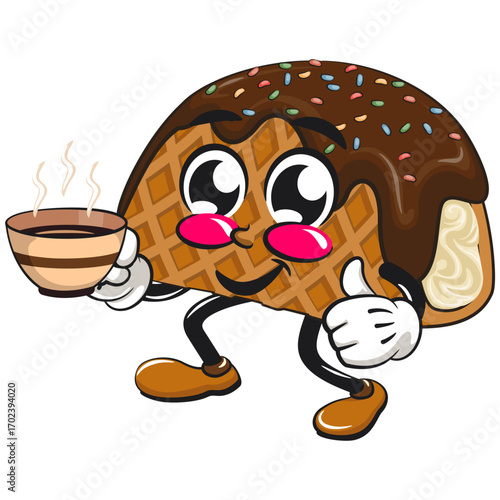 cute choco taco ice cream mascot character vector illustration with a cup of coffee or tea while giving a thumbs up, work of hand drawn