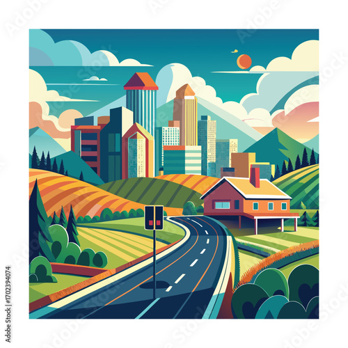 Countryside with Highway Leading into Tall Buildings Vector
