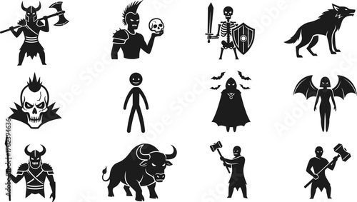 Dark fantasy silhouette icons of mythical monsters, warriors, demons, skeletons, vampires, and creatures, perfect for games, comics, and stories.