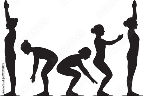 Squat Exercise Silhouette Sequence Vector in Black Featuring Five Poses for Fitness, Training, and Wellness Instruction
