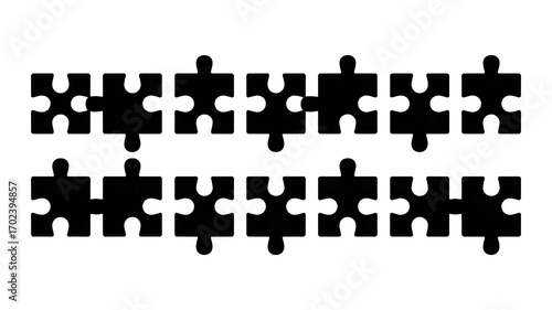 Sixteen black jigsaw puzzle piece silhouettes isolated on a white background, a conceptual graphic representing teamwork, strategy, and solutions