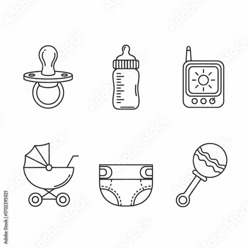 Vector collection of six essential baby care items presented as simple line art icons for newborn concepts