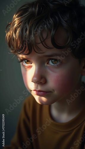 Pensive Young Boy with Brown Curly Hair in Warm Golden Light Portrait