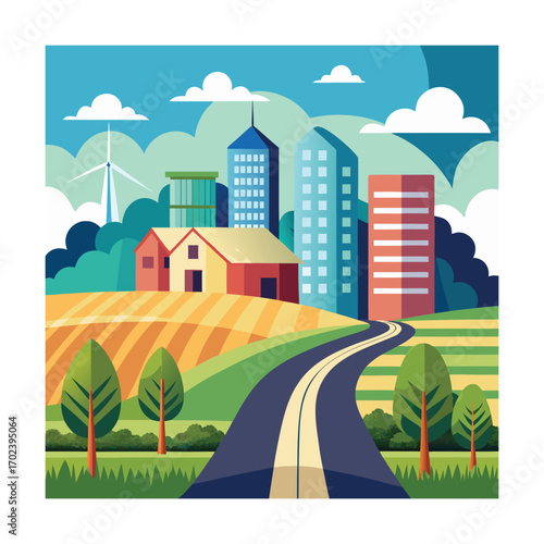 Countryside Road Leading To Modern Buildings Vector