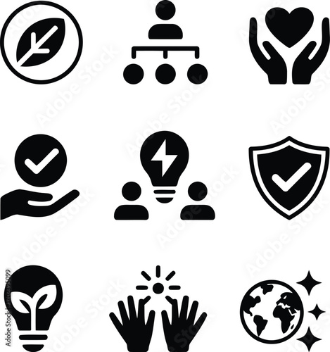 Collection of Environmentally Conscious Icons Representing Sustainability, Protection, Collaboration and Innovation for a Better World and Future for Humanity