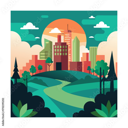 City Silhouette With Trees Vector Illustration