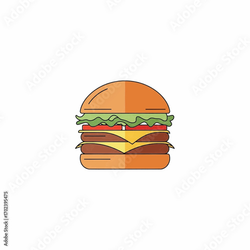 A delicious double cheeseburger icon with lettuce and cheese, created in a minimalist flat line art vector illustration style, isolated on a white background