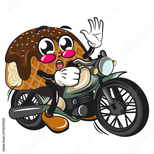 cute choco taco ice cream mascot character vector illustration riding a big motorcycle, work of hand drawn