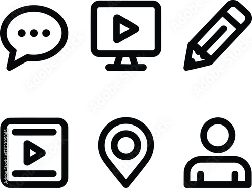 A set of modern minimalist black icons for websites apps and user interfaces related to communication video location and profile access