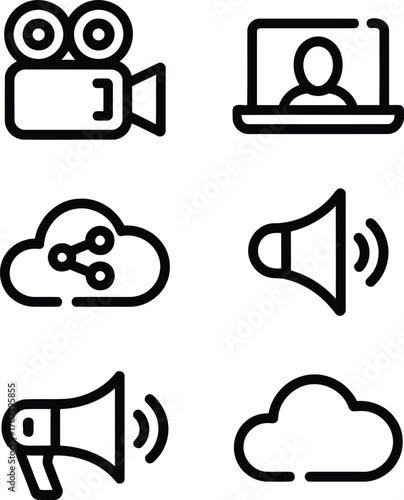 Collection of Communication Icons Depicting Social Media Video Conferencing Cloud Computing Audio and Connectivity Perfect for Web Design Presentations and Digital Marketing Campaigns