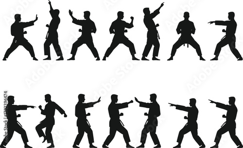 Karate silhouette vector, martial arts poses, black belt action, fighting stance clipart, self defense training, karate practice design