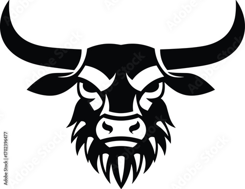 Fierce bull head logo, aggressive horned animal vector, strong ox mascot design, powerful cattle illustration, intimidating beast face artwork, bold branding symbol.