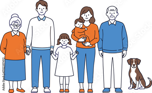 Cartoon family vector illustration, multigenerational characters, grandparents, parents, children, pet dog, happy group, flat design, black yellow white