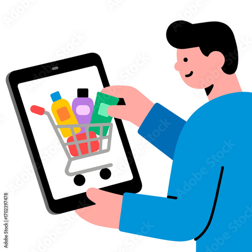 Online Shopping Illustration: Man Using Tablet to Purchase Groceries and Household Items with Shopping Cart