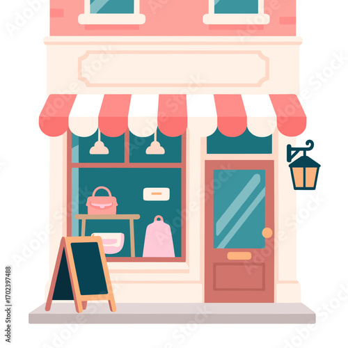 Charming Flat Design Illustration of a Boutique Storefront with Awning and Display Window