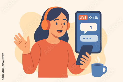 Vector illustration of woman wearing headphones live streaming with smartphone and social media icons.