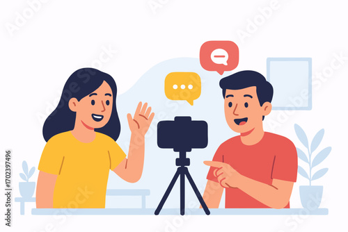 Vector illustration of young people recording video content with camera on tripod for social media and vlogs.
