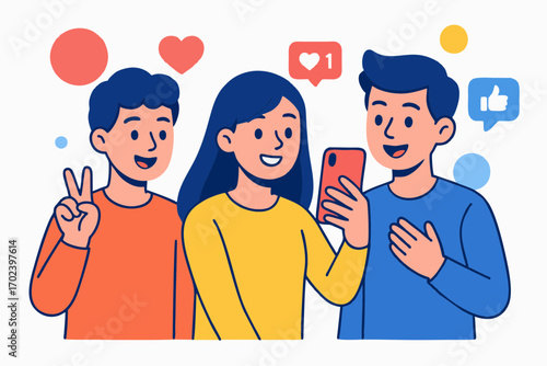 Vector illustration of three young friends using smartphones together, chatting and sharing on social media.
