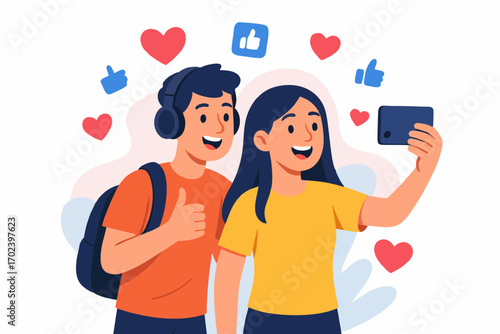 Vector illustration of young man and woman taking selfie with smartphone, enjoying social media likes and hearts.