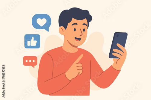 Vector illustration of young man using smartphone, browsing social media and chatting online.