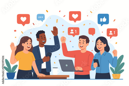 Vector illustration of happy group of people celebrating with laptop and smartphones, online communication and teamwork.
