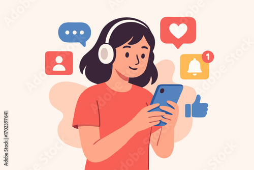 Vector illustration of diverse group of people using laptop and smartphones, online communication and teamwork.