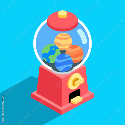 Isometric Illustration of a Gumball Machine Filled with Planets on a Blue Background