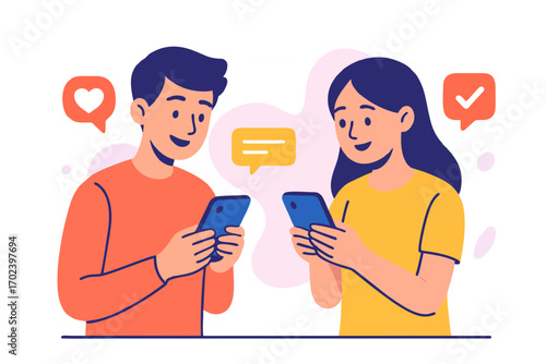 Vector illustration of young couple chatting on smartphones, online communication and social media interaction.