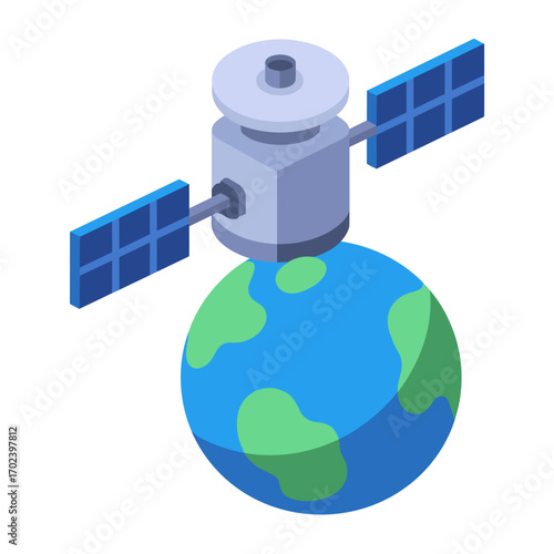 Isometric Satellite Orbiting Planet Earth Illustration for Telecommunications and Space Exploration