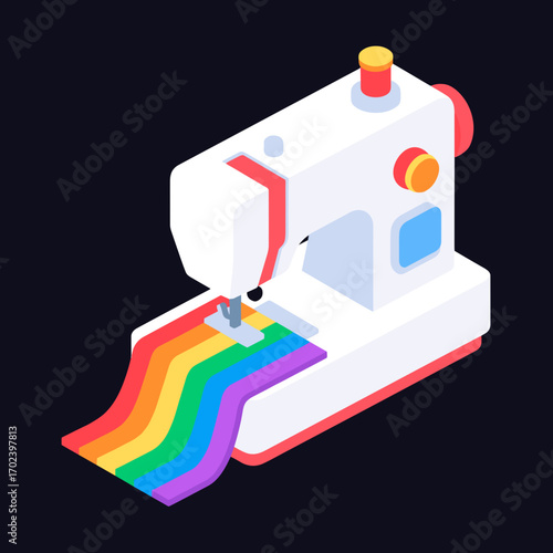 Isometric Sewing Machine Stitching a Rainbow Fabric, Symbolizing LGBTQ+ Pride and Creativity