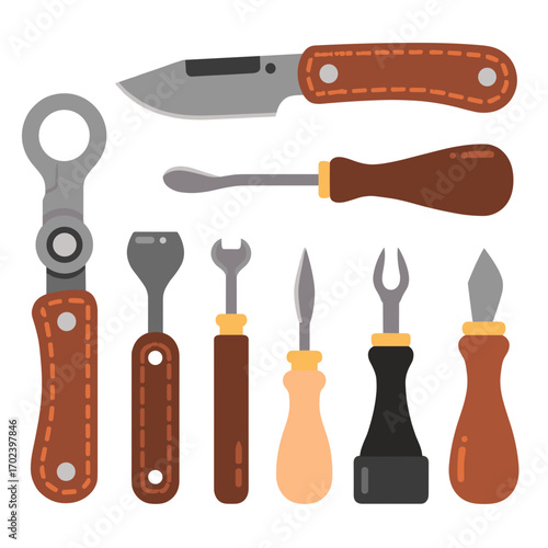 Set of Leather Craft Tools Vector Illustration for DIY Projects and Hobbyists
