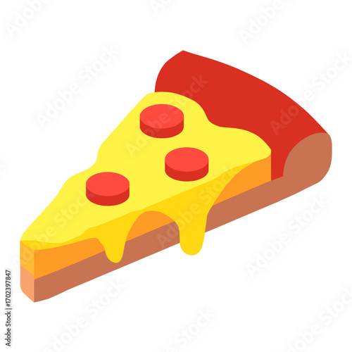 Isometric Pizza Slice with Pepperoni and Melted Cheese, Delicious Italian Food Illustration