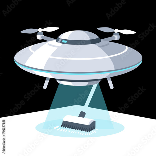 Futuristic Drone Hovering Over a Broom, Shining a Blue Light, Digital Illustration
