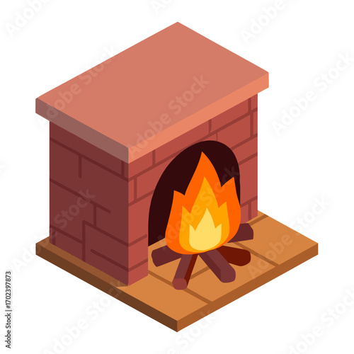 Isometric Fireplace with Burning Firewood Illustration for Home Heating and Cozy Atmosphere