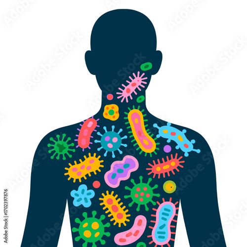 Human Silhouette with Colorful Bacteria and Germs Illustrating Health and Disease Concepts