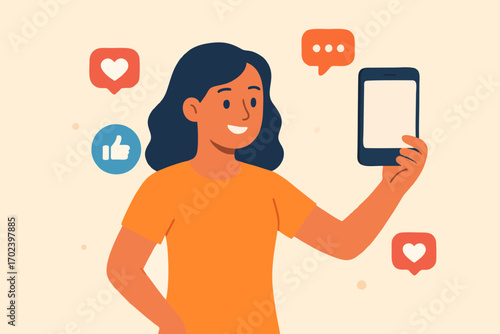  Smiling woman taking selfie with tablet and chat bubbles around.