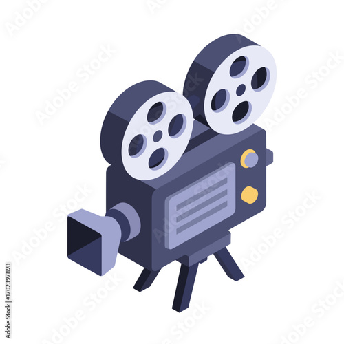 Isometric Illustration of a Vintage Movie Camera on a Tripod Stand for Film Production