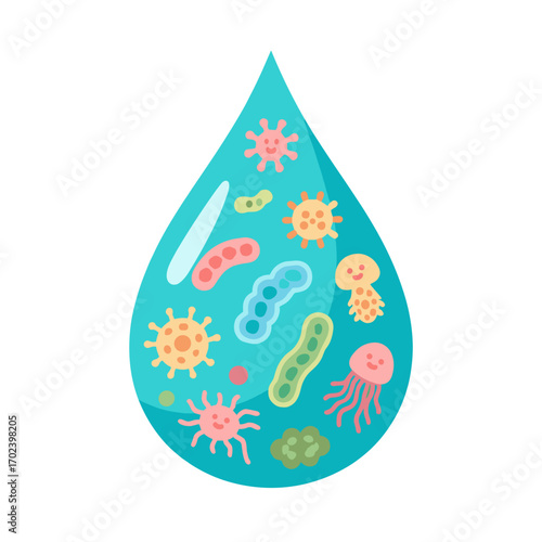 Microorganisms in a Water Drop: An Illustration of Bacteria, Viruses, and Protozoa in Water