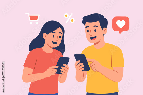 Young couple looking at smartphone together and chatting online.