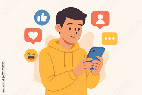Young man in hoodie using smartphone and social media apps.