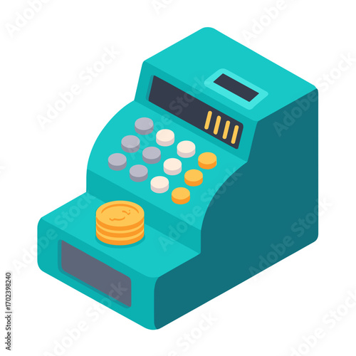 Isometric Illustration of a Teal Cash Register with Gold Coins Stacked on the Side