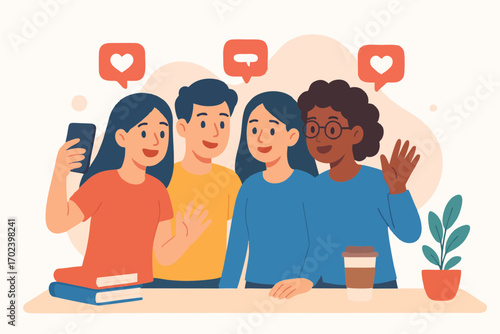 Group of multicultural friends taking selfie with smartphone and social icons.