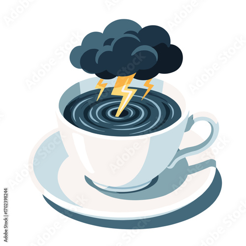 Stormy Coffee Cup: A Conceptual Illustration of Anxiety and Overwhelming Feelings Represented by a Thundercloud and Lightning in a Coffee Cup