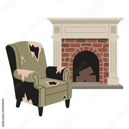 Illustration of a Worn Armchair and Fireplace with Brick Surround and Mantel, Depicting Interior Design