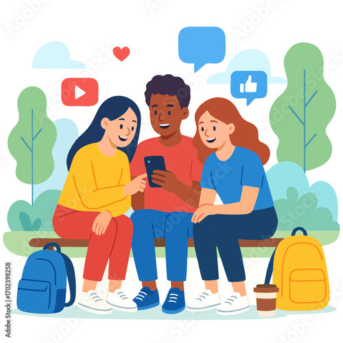 Group of friends sitting outdoors and chatting with smartphones.