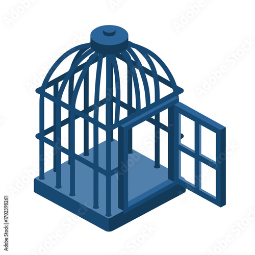 Isometric Blue Birdcage with Open Door Illustration on White Background for Graphic Design