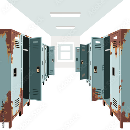 Illustration of a School Hallway with Open and Rusted Blue Lockers, Showing Neglect and Age